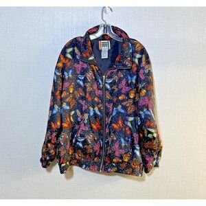 VTG EVR Black Silk Multicolored Butterfly Windbreaker Bomber Jacket X-Large